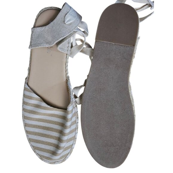 Lexi & Abbie Women's Beige & White Striped Espadrille Flats With Wraparound Ties - Picture 3 of 5